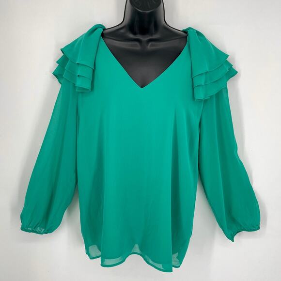 Calvin Klein NEW Chiffon Ruffle Shoulder Blouse Sz L Green V-Neck Sheer Lined - Picture 1 of 10